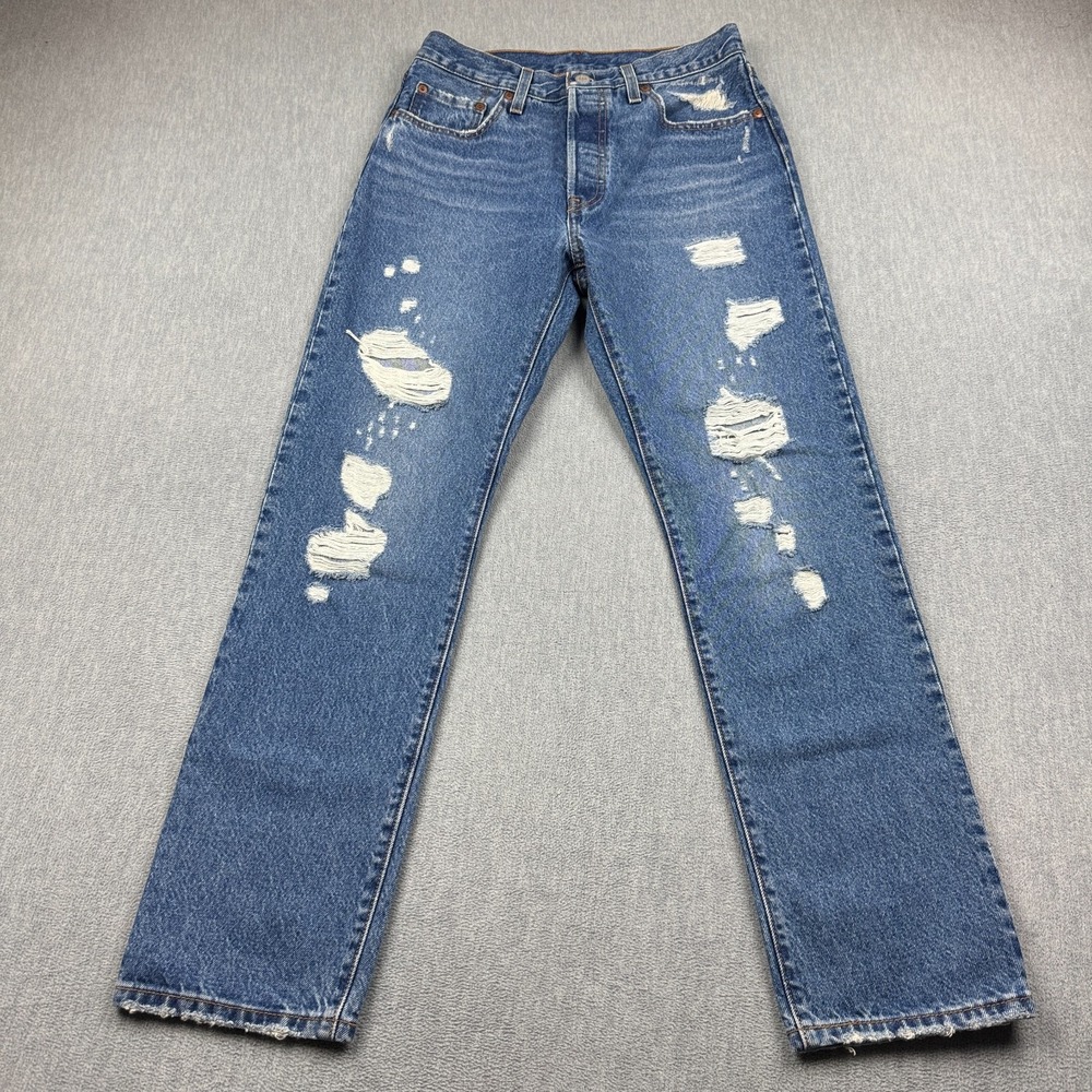 Levis Jeans Women 28X30 Blue 501 Original Fit Straight-Leg Distressed Button Fly